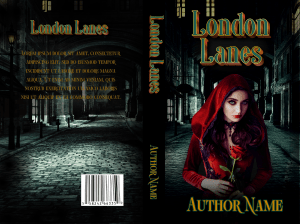 Premade Book Cover : London Lanes : Image of a woman in a red cape. London or city lane in the background. Suitable for gothic, horror, romance. 