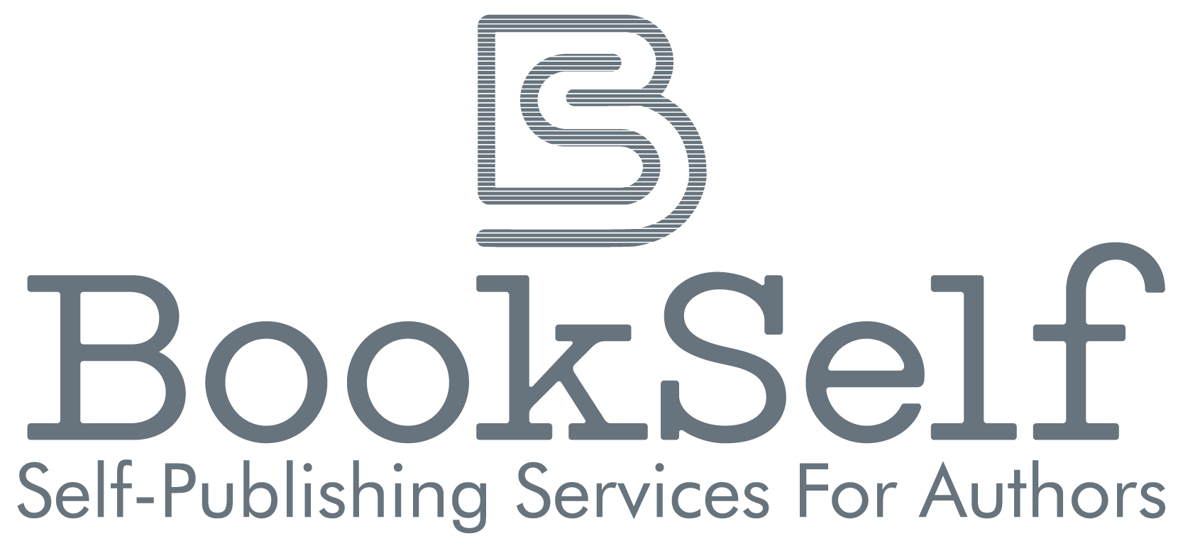 A logo consisting of a stylized "BS" design in lines above the word "BookSelf" written in bold, large font. Below "BookSelf," the tagline "Self-Publishing Services For Authors" is displayed in smaller, all-capital letters. The overall color of the text and design is gray. BookSelf Book Cover Design & Premade Book Covers