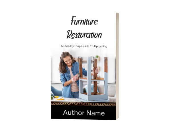 The image features the cover of a book titled "Ebook & Paperback Premade Book Cover." It shows a woman in a blue denim shirt restoring a wooden chair. Although the author’s name isn’t mentioned, the bottom of the cover displays a black strip with an elegant gold decorative pattern. BookSelf Book Cover Design & Premade Book Covers