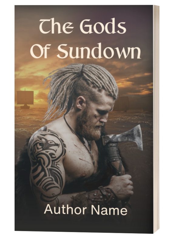 A book cover titled "Ebook & Paperback Premade Book Cover" shows a man with braided blonde hair and a long beard looking down while holding an axe. He's adorned with tattoos and wearing fur. The background features a dramatic sunset over a body of water with ships, with the author's name at the bottom. BookSelf Book Cover Design & Premade Book Covers