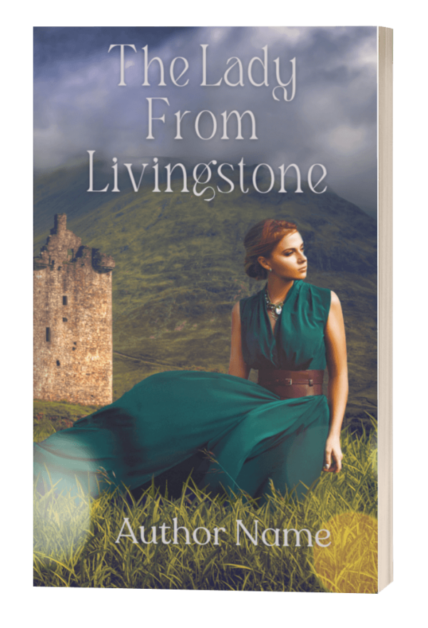 A premade book cover titled "Lady Livingstone: Premade Book Cover" by an unnamed author. The cover features a woman in a flowing green dress, seated on grass in front of a stone tower or castle ruin. Behind her is a dramatic landscape of rolling green hills under a cloudy sky. BookSelf Book Cover Design & Premade Book Covers