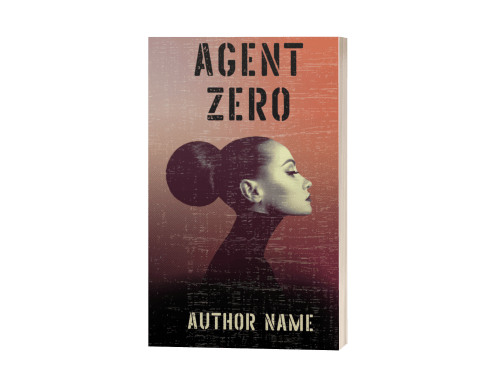 The Ebook & Paperback premade Cover features a side profile silhouette of a woman with her dark hair styled in a bun. The background fades from orange at the top to black at the bottom, creating a gradient effect. The title, "Agent Zero," is in bold, distressed text at the top. BookSelf Book Cover Design & Premade Book Covers