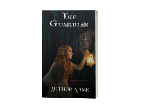 Ebook & Paperback Premade Book Cover: A woman with long red hair in a medieval-style dress holds a glowing lantern in a dark forest, while a shadowy figure with a hooded cloak partially emerges from the background. The title is at the top in white, and the author's name is at the bottom in white. BookSelf Book Cover Design & Premade Book Covers