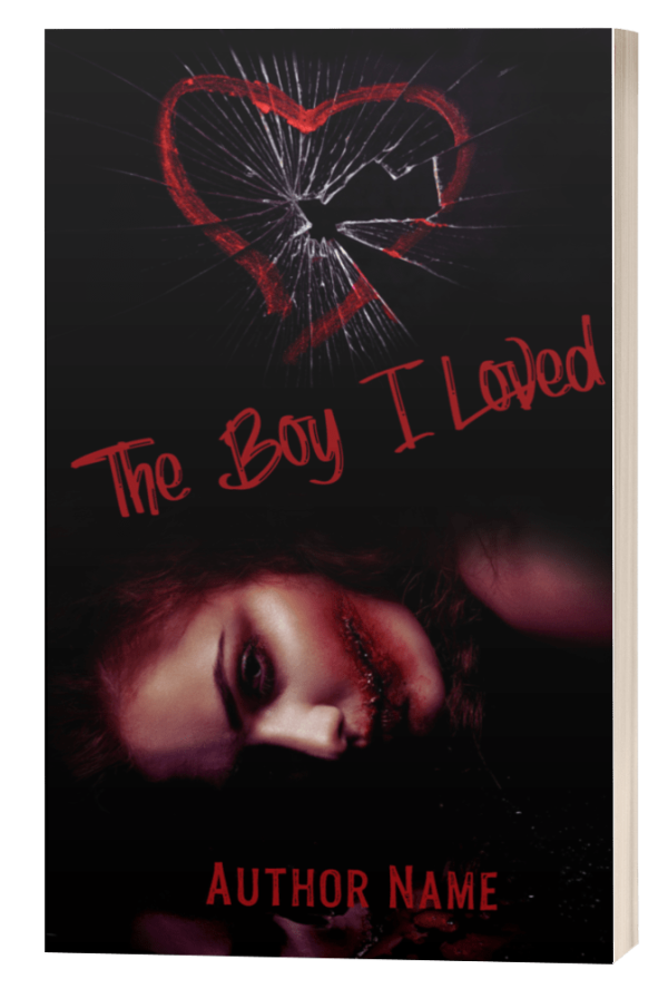 The cover of "The Boy I Loved" Ebook & Paperback Premade Book Cover shows a shattered red heart at the top. Below the heart, the title is written in red, handwritten-style text. The lower half portrays a woman's face lying sideways with smudged lipstick, giving a haunting and distressed appearance—truly an evocative book cover. BookSelf Book Cover Design & Premade Book Covers