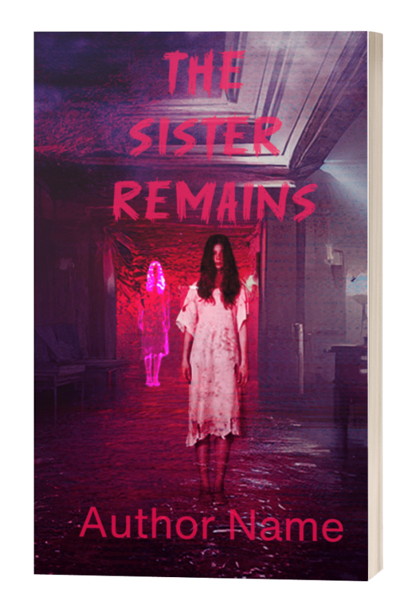 Sure, here is the revised sentence:

The Sister Remains: Premade Book Cover features a woman in a white dress, bloodied and with disheveled hair, standing in a dark, eerie hallway. Behind her, a glowing ethereal figure in a similar dress and pink hue adds a supernatural element. The title and author name are rendered in red. BookSelf Book Cover Design & Premade Book Covers