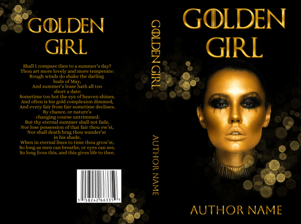 The cover of "eBook & Paperback Premade Book Cover" is shown, featuring a woman with gold makeup and glowing golden skin, staring intently against a black background with shimmering gold bokeh lights. The title in large gold letters sits above her head. The spine displays the title vertically and the author's name at the bottom, while the back cover includes an excerpt from a poem ending with "AUTHOR NAME." A barcode is at BookSelf Book Cover Design & Premade Book Covers