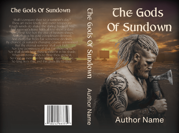 Ebook & Paperback Premade Book Cover highlights a muscular, shirtless man with long braided hair and tribal tattoos hammering a sword against an anvil. The title and author's name are in bold white font on the front, while the back features poetic text and a synopsis in medieval-themed typeface. BookSelf Book Cover Design & Premade Book Covers
