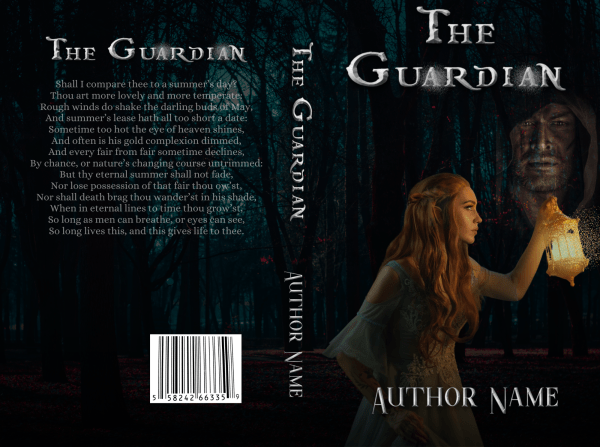 The Ebook & Paperback Premade Book Cover features a dark, eerie forest with a mystical blue hue. A somber woman in a white dress holds a glowing lantern. Text excerpts are prominently displayed. The spine and back cover showcase the title, "The Guardian," and "Author Name. BookSelf Book Cover Design & Premade Book Covers