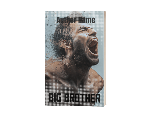A Ebook & Paperback Premade Book Cover with the title “BIG BROTHER” in bold black letters at the bottom. The cover features a man with an anguished expression, mouth open as if shouting, with particles breaking away from his face and shoulders. The author’s name is printed in block letters at the top against a background of smoky, muted colors. BookSelf Book Cover Design & Premade Book Covers