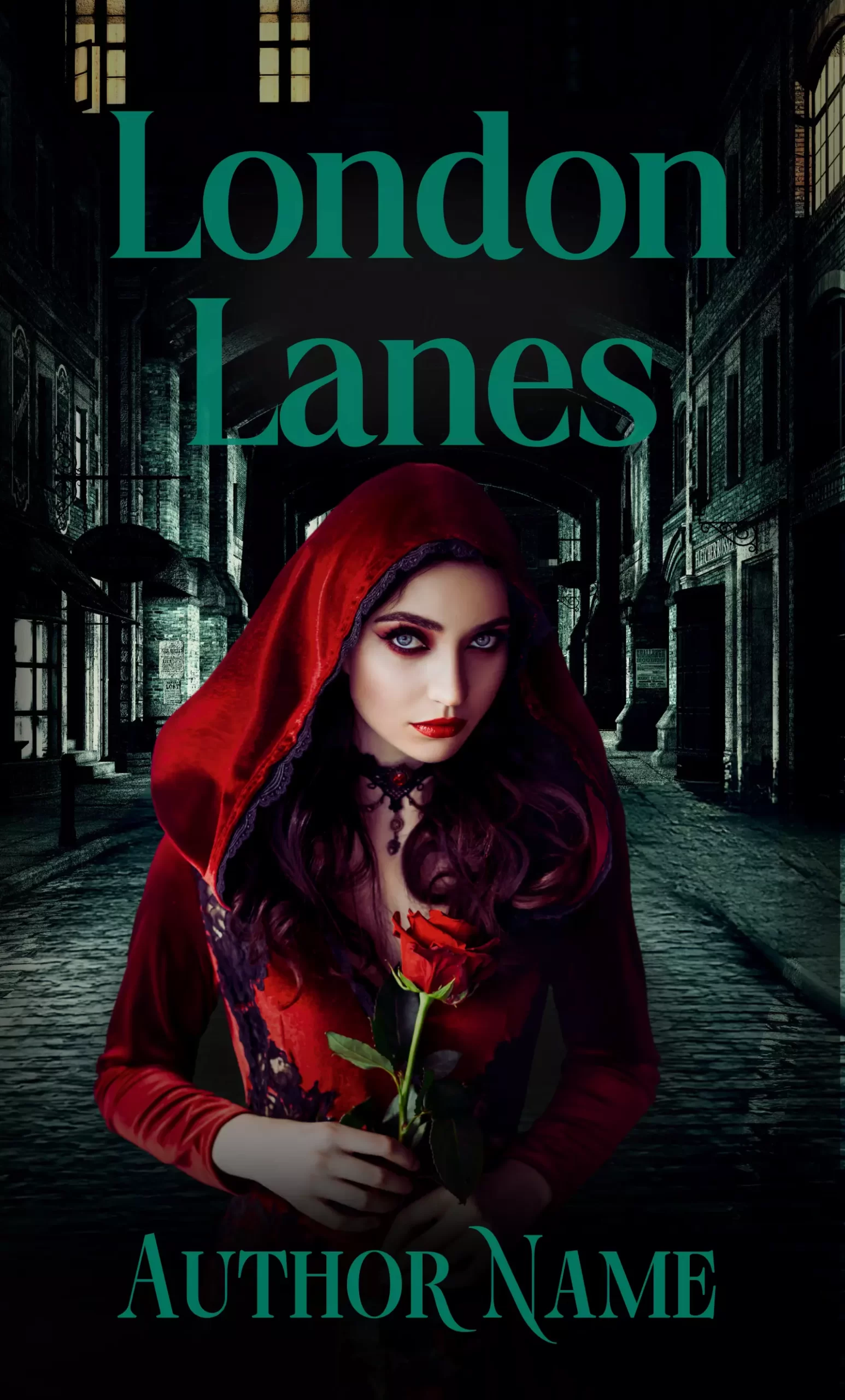 Premade book cover of a woman in a red cape