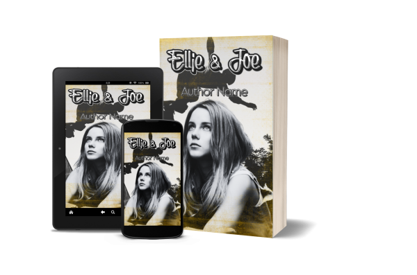 A book cover titled "Ellie & Joe" is shown on a tablet, smartphone, and as a physical book. The Ebook & Paperback Premade Book Cover features a black-and-white photo of a woman with long hair, gazing upward. The author's name is written below the title. The background has a tree silhouette and a distressed texture. BookSelf Book Cover Design & Premade Book Covers
