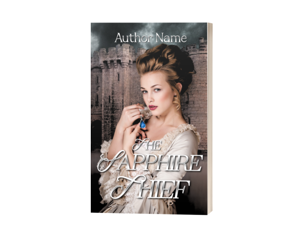 the sapphire thief premade book cover. woman in regency period dress attire