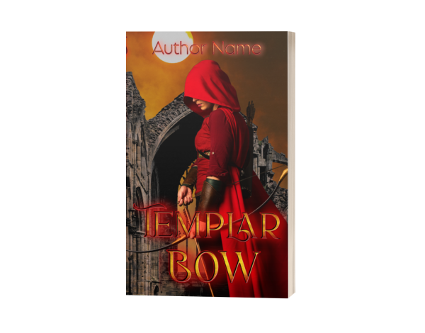 A premade cover features a cloaked figure in a red hooded robe standing against ancient, crumbling stone arches. The title "Ebook & Paperback Premade Book Cover" is boldly displayed in red and yellow text at the bottom, while "Author Name" appears at the top. A large, orange sun sets behind the arches. BookSelf Book Cover Design & Premade Book Covers
