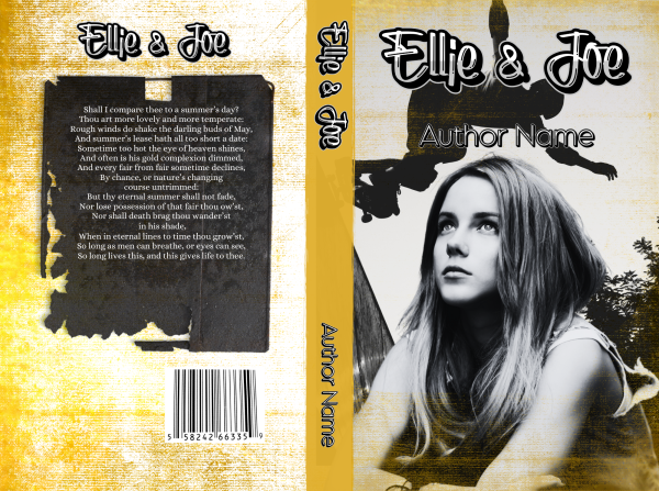 Premade cover of "Ellie & Joe" with a yellow textured design. Front: Photo of a pensive young woman with long hair, gazing upward. Back: A silhouette of a couple dancing beneath a tree branch. Author name is repeated on both spine and cover. Summary text is displayed on the back cover.
 BookSelf Book Cover Design & Premade Book Covers