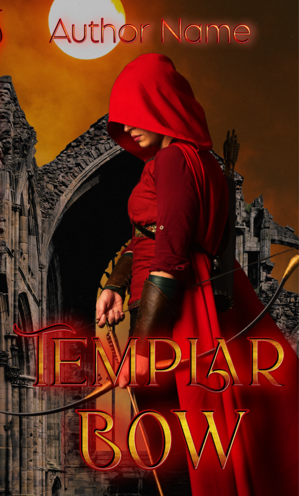 The premade cover for "Ebook & Paperback Premade Book Cover" features a hooded figure in a red cloak and armor, wielding a bow and arrows. The background showcases ruins under a dramatic, fiery sky. The author's name is displayed at the top against the backdrop of a large, glowing sun. BookSelf Book Cover Design & Premade Book Covers