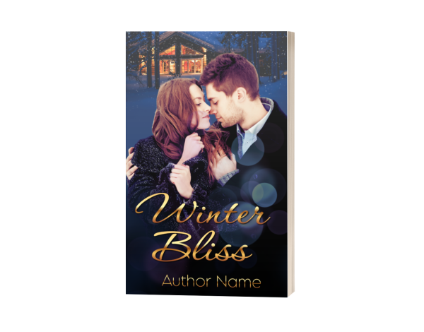 A romantic book cover titled "Winter Bliss," an Ebook & Paperback Premade Book Cover by Author Name. The cover features a couple standing closely, about to kiss, against a backdrop of a snow-covered cabin with lit windows. The sky is dark, and the title is written in elegant golden script at the bottom. BookSelf Book Cover Design & Premade Book Covers
