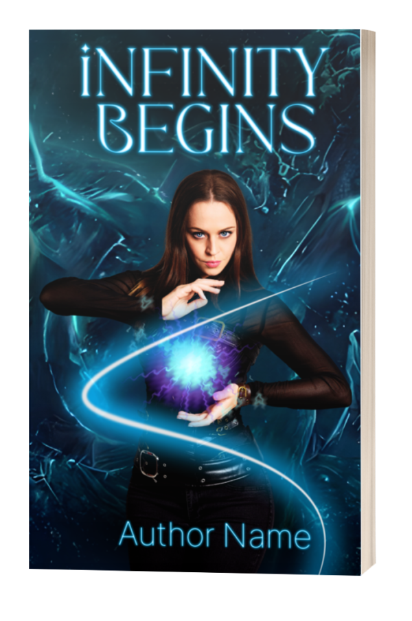 Infinity Begins: Ready Made Book Cover: A seasoned witch plays with a magic orb. Fantasy, occult, wiccan, sci-fi, fantasy. Low cost book covers.
