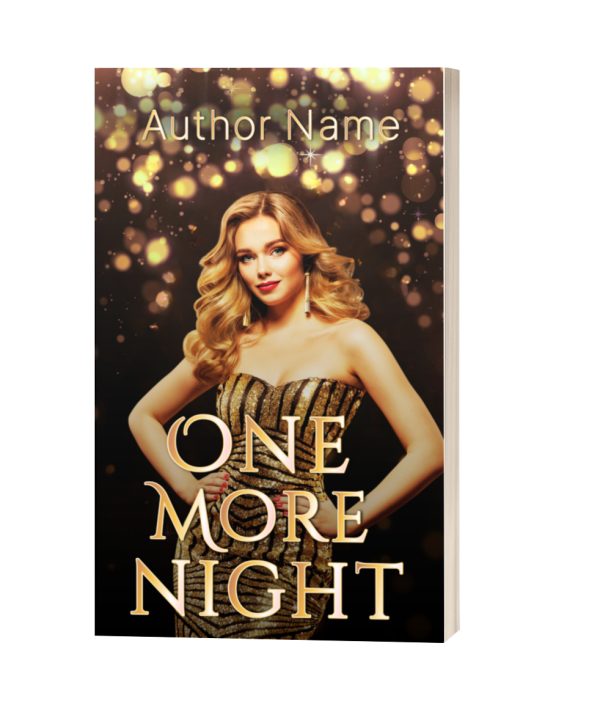 A book titled "Premade Ebook & Paperback Book Cover" features a glamorous cover with a blonde woman in a sparkling gold strapless dress. She stands confidently with hands on hips against a backdrop of golden bokeh lights. The author's name is displayed at the top of the cover in elegant script. BookSelf Book Cover Design & Premade Book Covers