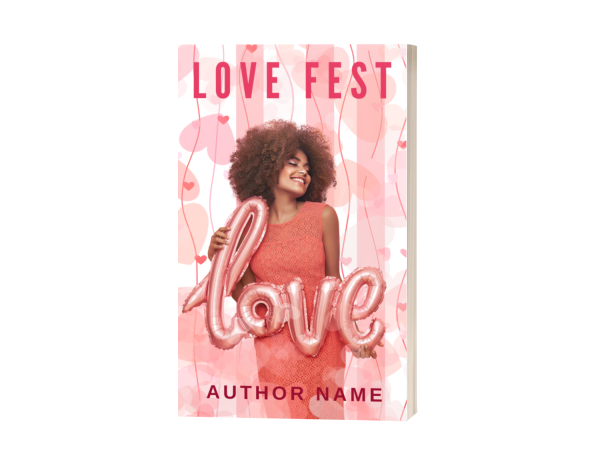 Book cover of "Premade Ebook & Paperback Book Cover" featuring a woman with curly hair wearing a sleeveless orange dress, smiling and holding large pink balloons that spell out "love." The background has a light pink pattern with heart shapes. The author's name is written at the bottom in pink uppercase letters. BookSelf Book Cover Design & Premade Book Covers
