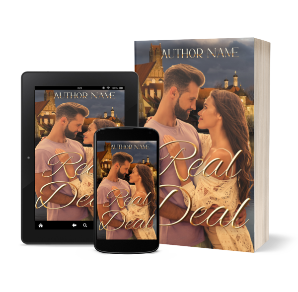 The image shows a romantic book cover titled "Real Deal," featuring a couple gazing into each other's eyes, with a quaint, warm-lit town in the background. This Premade Ebook & Paperback Book Cover is displayed on a tablet, smartphone, and physical book, all showcasing the same charming design. BookSelf Book Cover Design & Premade Book Covers