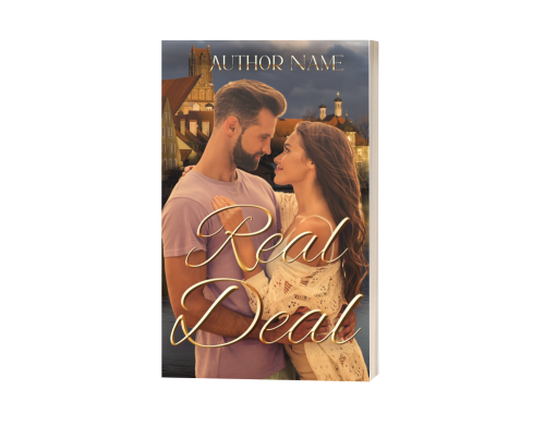 A Premade Ebook & Paperback Book Cover titled "Real Deal," displaying a tender moment between a man and a woman who are gazing into each other's eyes. They stand close, wrapped in an affectionate embrace. The background features a scenic evening view of quaint village houses under a dusky sky. BookSelf Book Cover Design & Premade Book Covers