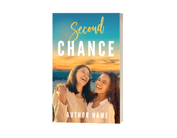 A Premade Ebook & Paperback Book Cover features two women joyfully embracing against a sunset-lit seascape. One woman has glasses and long brown hair, while the other has curly hair. Bold white and yellow text displays the title, with "AUTHOR NAME" at the bottom. BookSelf Book Cover Design & Premade Book Covers