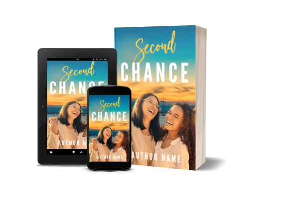 A book, tablet, and phone all display the Premade Ebook & Paperback Book Cover of a novel titled "Second Chance" by an unnamed author. The cover features two smiling women standing close together against a blurred sunset background. "Second Chance" is written in blue and white handwritten-style font.
 BookSelf Book Cover Design & Premade Book Covers