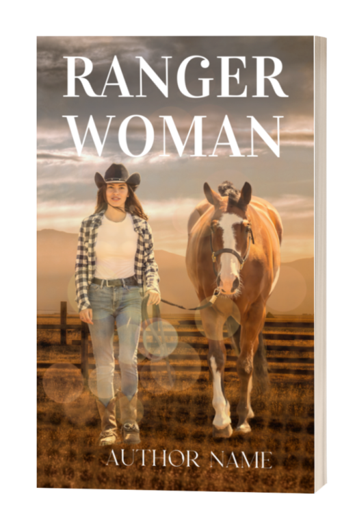 A book cover titled "Ranger Woman". It depicts a woman in a cowboy hat, plaid shirt, and jeans walking alongside a brown and white horse. They are set against a rural, fenced-in field with a sunset in the background. The name of the author is written at the bottom. BookSelf Book Cover Design & Premade Book Covers