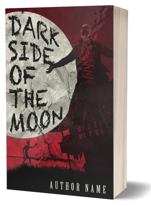 A book titled "Dark Side of the Moon" features a menacing figure standing in front of a large, cracked moon. Another smaller figure is depicted at the bottom left, walking cautiously. The background is dark with shades of red and black, creating an eerie atmosphere. "Author Name" is printed at the bottom. BookSelf Book Cover Design & Premade Book Covers