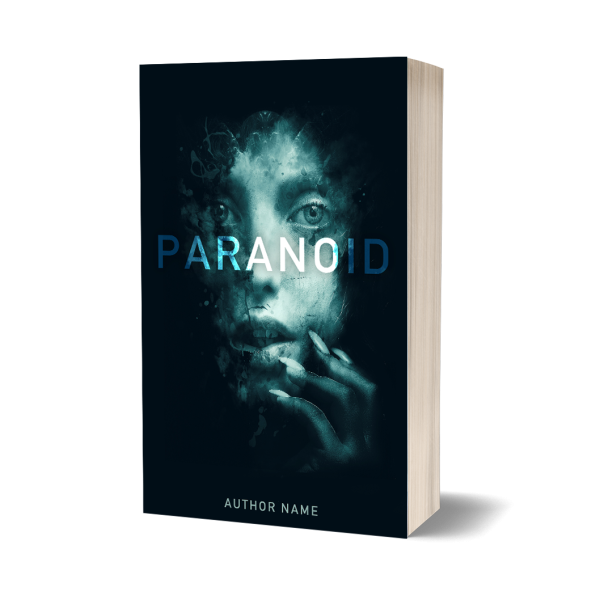 A thriller novel titled "Paranoid" by an unnamed author. The cover features an eerie, semi-transparent human face with a shadowy, distressed expression, blending into a dark, smoky background. The title "PARANOID" is in bold, white, and blue uppercase letters across the lower center. BookSelf Book Cover Design & Premade Book Covers