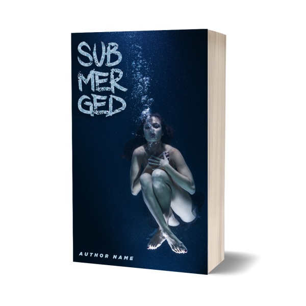 A book cover titled "Submerged" features a woman underwater, looking upwards with bubbles escaping her mouth. The water around her is dark, accentuating her pale skin and white dress. The author's name is at the bottom in white text. The book has a thick spine, showcasing its volume. BookSelf Book Cover Design & Premade Book Covers