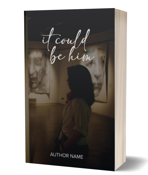 A book cover titled "It Could Be Him" shows a silhouette of a person with hands in pockets, facing an art gallery wall exhibiting large portrait sketches. The author's name is not specified. The cover has a dark, moody ambiance with the title in elegant white cursive font. BookSelf Book Cover Design & Premade Book Covers