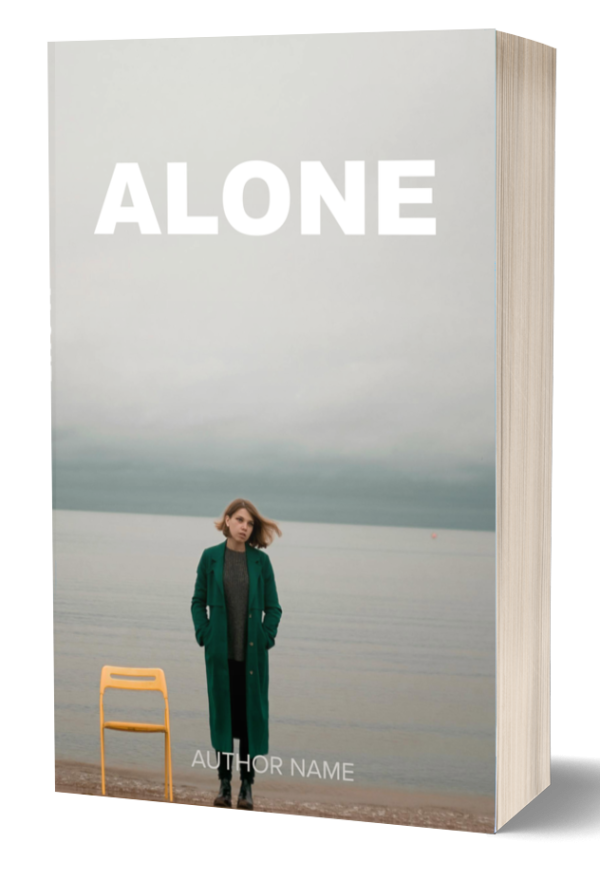 A book titled "ALONE" shows a person in a long green coat standing on a beach with overcast skies. A single yellow chair is placed near them on the sand. "AUTHOR NAME" is written at the bottom of the cover. BookSelf Book Cover Design & Premade Book Covers