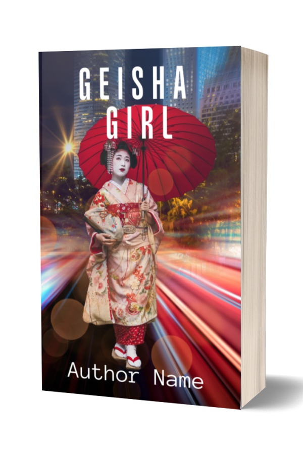 Geisha Girl: Premade Book Cover: A Geisha walks alone in a busy city. Bring any genre to life: romance, mystery, adventure, travel. Low cost covers BookSelf