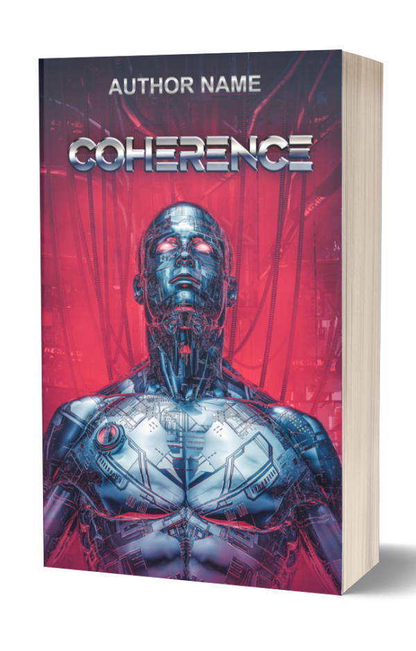 A book titled "Coherence" features a cyborg with closed eyes against a backdrop of red and purple hues, intertwined with digital circuitry patterns. The cyborg's metallic body is intricately detailed with lights and components. The author's name is displayed at the top. BookSelf Book Cover Design & Premade Book Covers