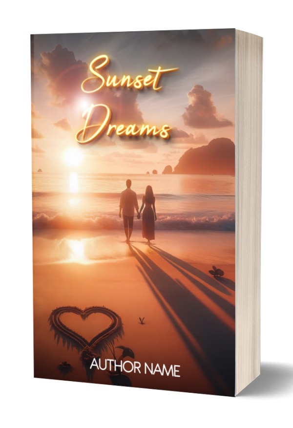 A book cover titled "Sunset Dreams" features a couple holding hands as they walk along a beach during sunset. A heart shape is drawn in the sand in the foreground. The sky has a mix of clouds and a glowing sun. The author's name is displayed at the bottom of the cover. BookSelf Book Cover Design & Premade Book Covers