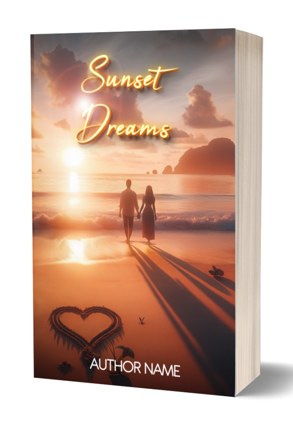 Sunset Dreams: Premade Book Cover: The perfect sunset beach for a romantic stroll. Couple silhouette illustrated—paperback included—help to upload provided.