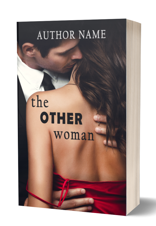 A book cover shows a man in a suit gently embracing a woman in a red dress from behind. The book title, "The Other Woman," is centered on the woman's bare back. The author's name is written at the top of the cover. The woman's dark hair cascades over her shoulder as the couple leans into each other. BookSelf Book Cover Design & Premade Book Covers