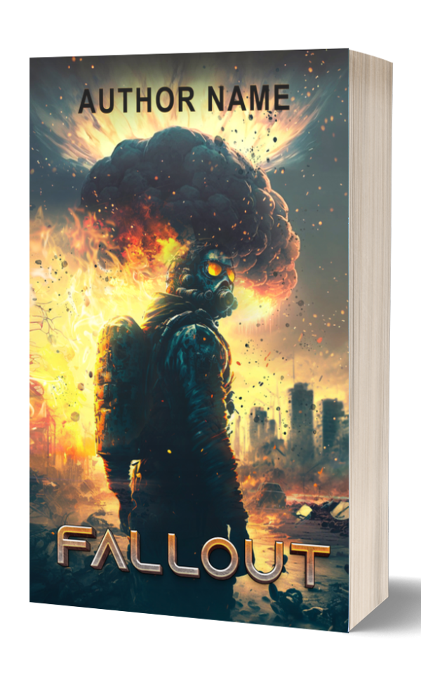 A book cover titled “Fallout” by an unspecified author. The artwork shows a figure in a gas mask and heavy clothing amidst a post-apocalyptic scene. Flames and smoke rise in the background with destroyed buildings and ruins visible. The scene is dark and intense, highlighting the catastrophic atmosphere. BookSelf Book Cover Design & Premade Book Covers
