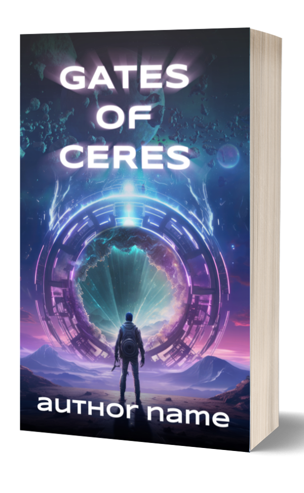 A science fiction book cover titled "GATES OF CERES" shows an astronaut silhouetted against a large, glowing, circular portal. The portal emits bright blue and purple light, set against a backdrop of mountainous terrain and a star-filled sky. The text "author name" is at the bottom. BookSelf Book Cover Design & Premade Book Covers