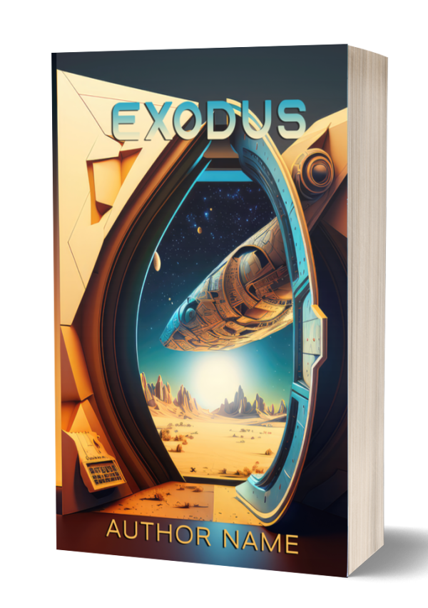 Book cover for "Exodus" by an unspecified author. It depicts a futuristic spaceship view through a circular doorway, pointing toward a barren, rocky desert landscape with distant mountains and planets in the background. The scene is framed by angular, metallic architecture. BookSelf Book Cover Design & Premade Book Covers
