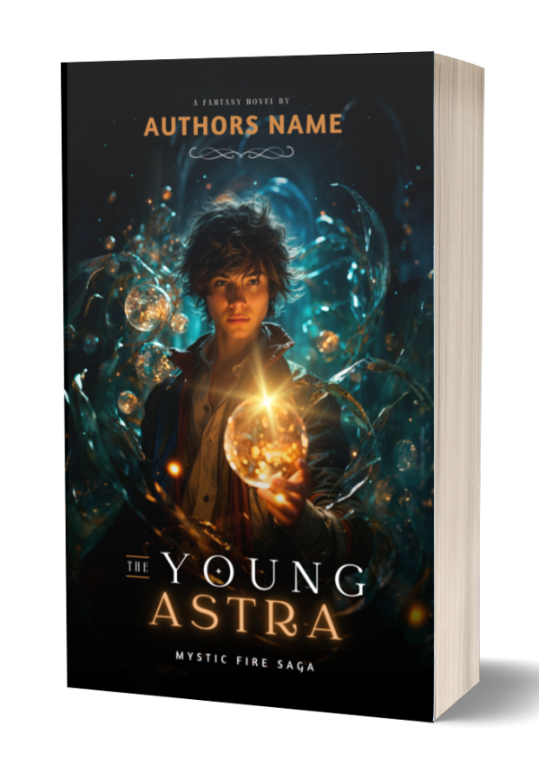 A 3D-rendered book cover titled "The Young Astra: Mystic Fire Saga" by an unspecified author. It features a young man holding a glowing orb in a mystical, darkened environment filled with swirling magical elements. The design evokes a sense of fantasy and adventure. BookSelf Book Cover Design & Premade Book Covers