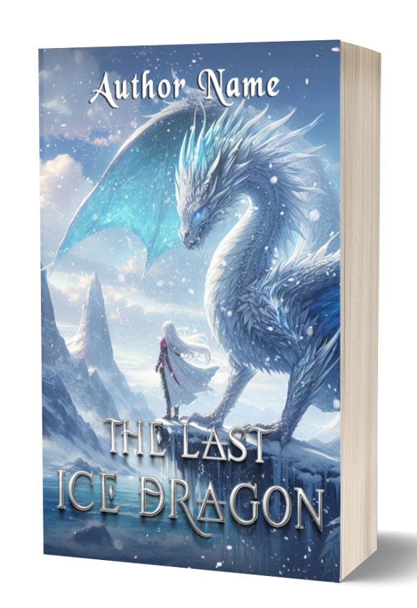 A fantasy book cover featuring a large, majestic ice dragon with crystalline blue scales and wings, set against a snowy, mountainous landscape. A person with long, flowing hair stands facing the dragon. The title "The Last Ice Dragon" and "Author Name" are displayed prominently. BookSelf Book Cover Design & Premade Book Covers