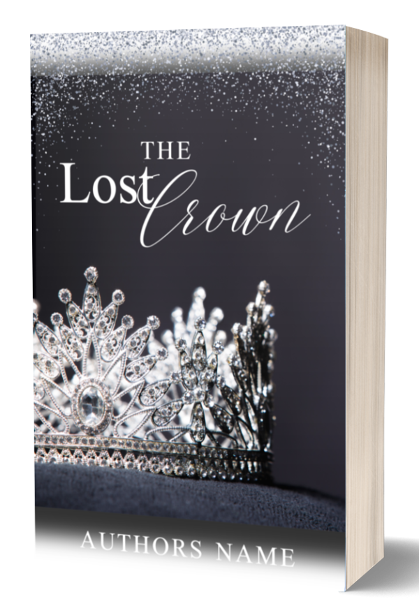A book titled "The Lost Crown" features a cover with an ornate silver crown adorned with jewels. The crown is set against a dark, sparkling background. The author's name is displayed at the bottom of the cover. The book has a sleek and glossy finish. BookSelf Book Cover Design & Premade Book Covers