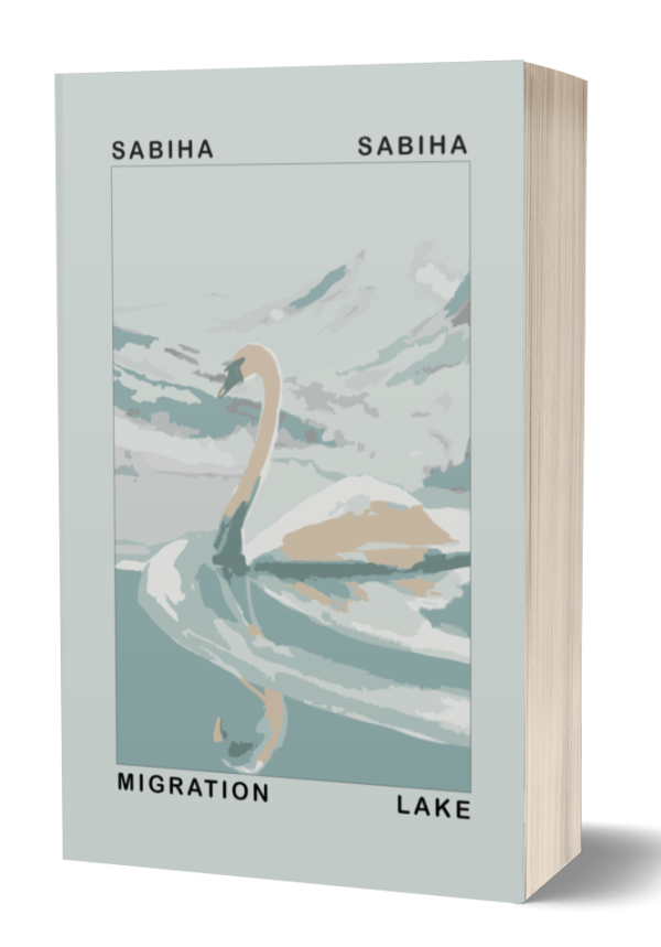 Book cover featuring an illustration of a swan gliding on a calm lake with mountains in the background. The title "Migration Lake" is at the bottom of the cover, and the author's name "Sabiha" appears at the top and bottom corners. The cover has a muted pastel color palette. BookSelf Book Cover Design & Premade Book Covers