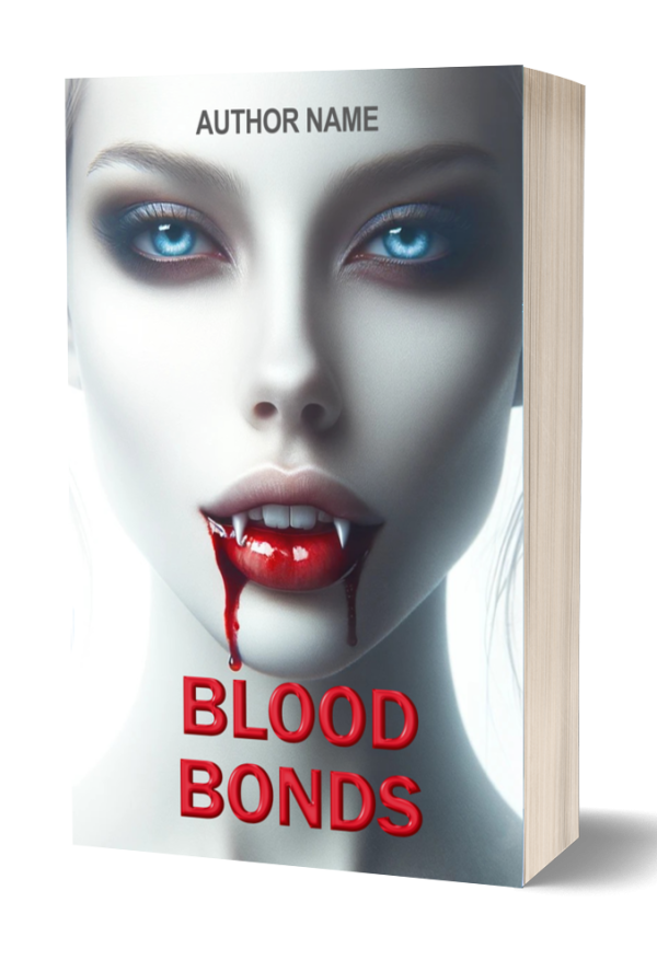 A 3D-rendered book titled "Blood Bonds." The cover features a close-up of a pale woman with striking blue eyes, dark makeup, and vampire fangs with blood dripping from her mouth. The words "AUTHOR NAME" are at the top, and the title "BLOOD BONDS" is in bold red letters at the bottom. BookSelf Book Cover Design & Premade Book Covers