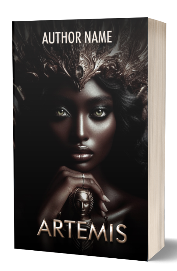 Book cover titled "Artemis" by an unnamed author. The cover features a dark-skinned woman with glowing eyes, adorned in an intricate, metallic headdress. She holds a small figure resembling the Greek goddess Artemis. The design has a mystical and ethereal aesthetic, set against a dark background. BookSelf Book Cover Design & Premade Book Covers