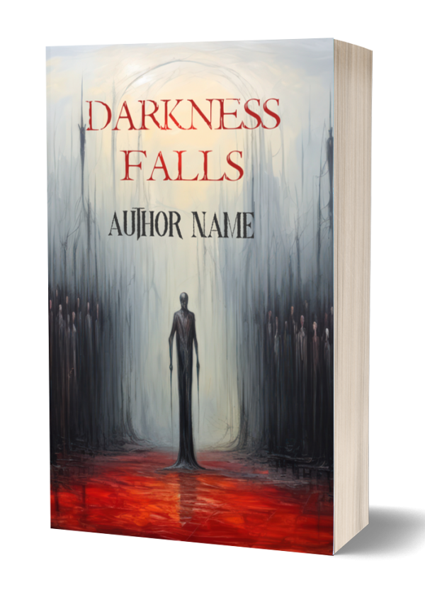 A paperback book titled "Darkness Falls" features an eerie cover with a tall, shadowy figure in black standing in the middle of a dark, misty forest. The ground is a vivid, unsettling red. The title is displayed in large red letters, and "Author Name" is written beneath it. BookSelf Book Cover Design & Premade Book Covers
