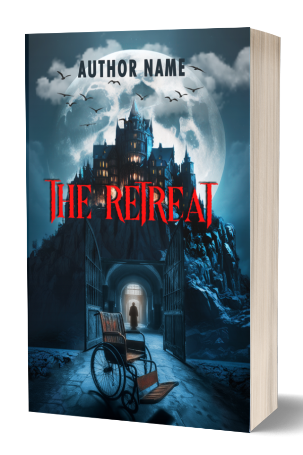 A 3D book cover displays a spooky castle under a full moon with bats flying above. The title, "THE RETREAT," is in red, bold letters. Below, an open gate leads to the castle. In the foreground, a wheelchair sits empty. The author's placeholder text reads "AUTHOR NAME" at the top. BookSelf Book Cover Design & Premade Book Covers
