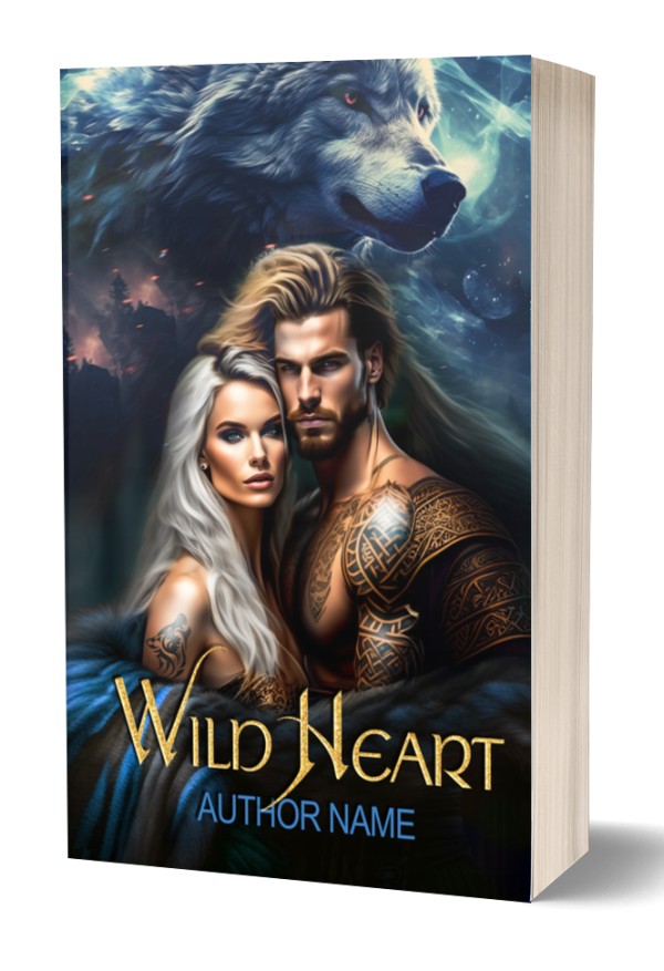 A book cover titled "Wild Heart" showing an intense scene with a muscular man and a woman embracing. Both have long, flowing hair; the woman’s is white, and the man’s is blonde. Behind them looms a mystical bear against a backdrop of a night sky with auroras. Author's name is at the bottom. BookSelf Book Cover Design & Premade Book Covers